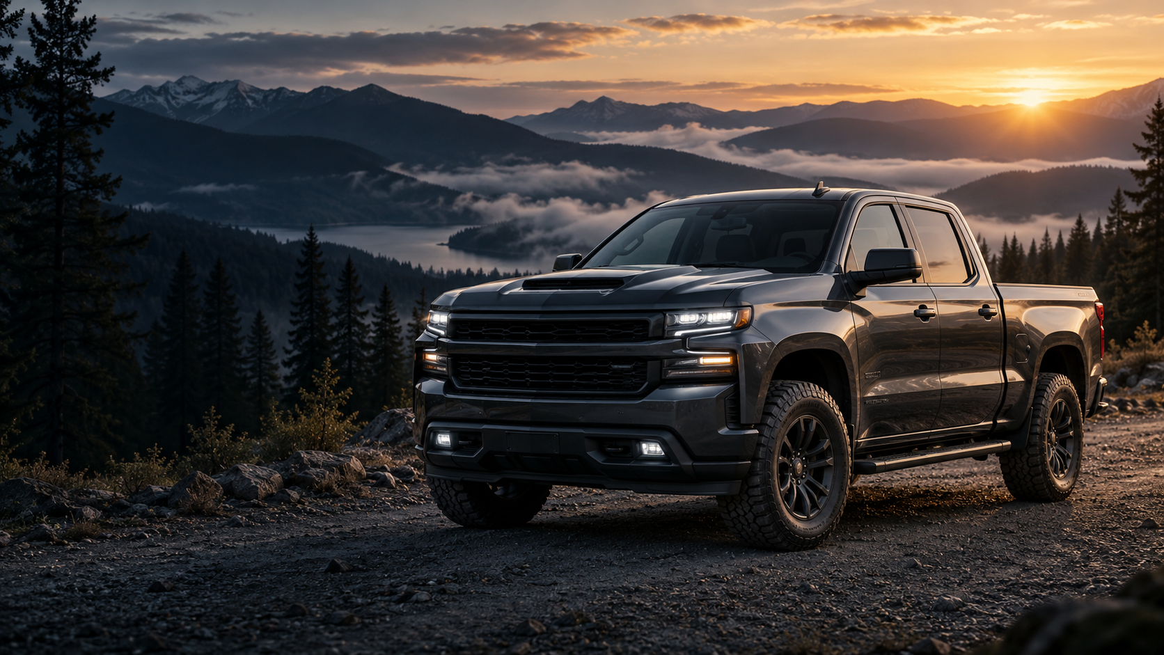 Dark pickup truck on a mountain road at sunrise